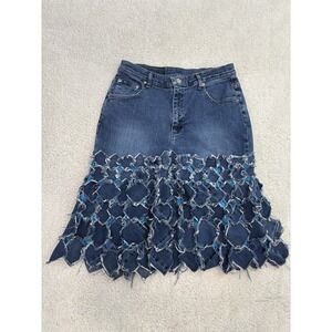 Blu Jeans Denim Skirt 12 Upcycled Frayed Patchwork Distressed Boho Ruffle Unique